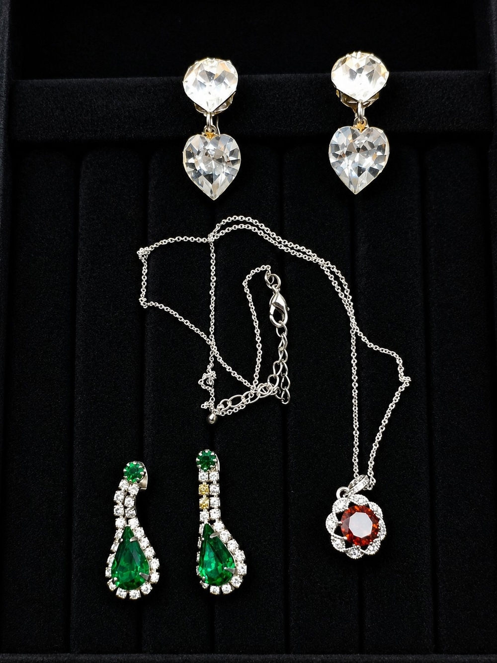 Vintage 1980s Jewelry Lot Rhinestone Heart Earrings Green Drop Necklace 3 Sets